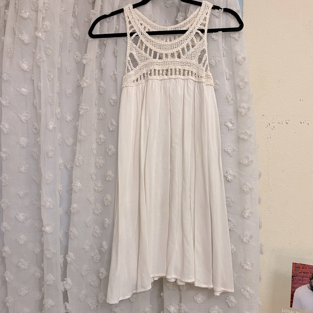 Purple Snow White Bohemian Embroidered Crochet Cut Out Flowy Short Shift Dress